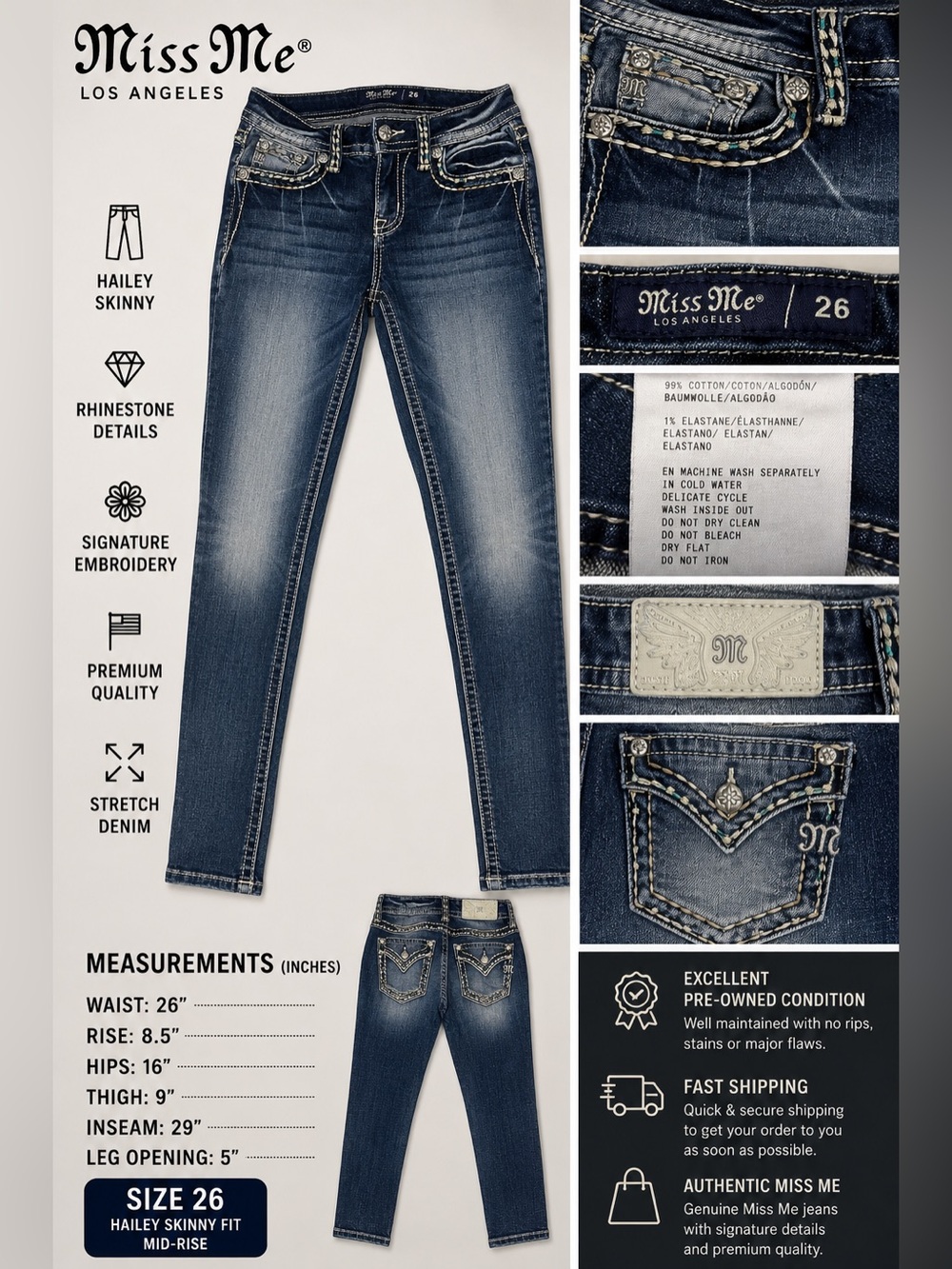 Miss Me Hailey Skinny Jeans Size 26 Rhinestone Flap Pocket Stretch